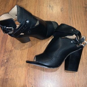 justfab black booties with open toe slingback